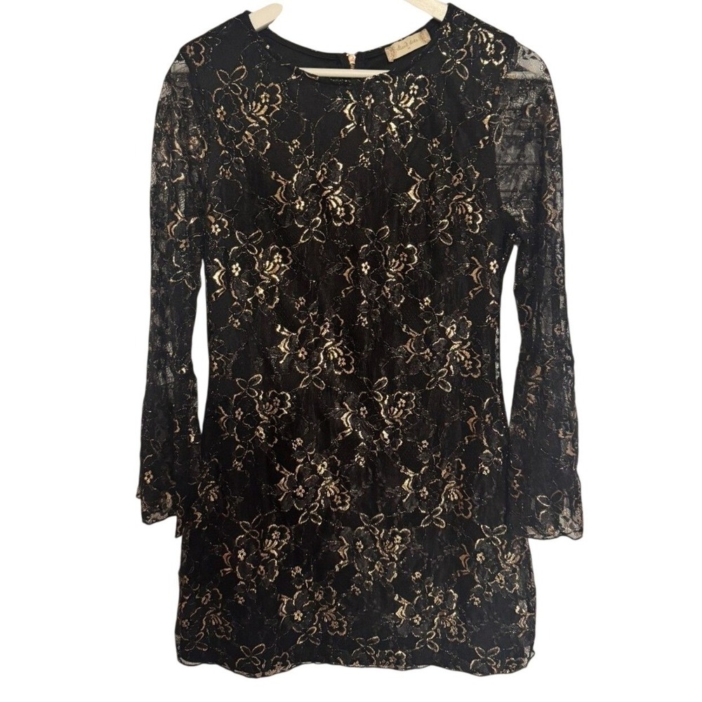 Altar'd State Mini Dress Gold Metallic Lace M Black Womens Holiday Party Evening